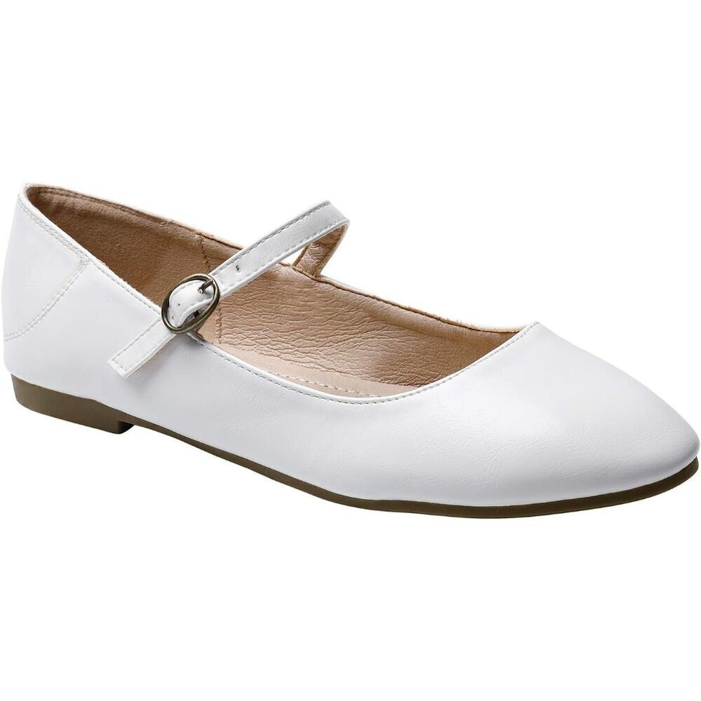 Trary Women White Leather Round Toe Ankle Strap Comfortable Ballet Flats Shoes